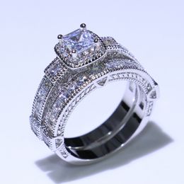 Vintage Mode-sieraden 925 Sterling Zilver Princess Cut White Topaz cz Diamond Eternity Paar Ringen Bruiloft Bruids Ring Set Fpr Vrouwen Gift