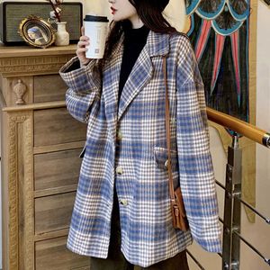 Vintage mode lange mouwen plaid jas vrouwen winter pak kraag bovenkleding Koreaanse jas vrouwelijke casual office chic tops 210604