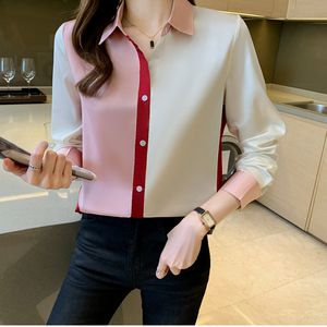 Vintage Fashion Satin Blouses Femme Designer Bouton Up Shirt Silk Sleeve Long Sweve Automne Hiver Revers Contraste Couleur Couleur de Couleur 2023 Bureau de bureau