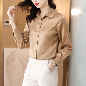 Vintage Mode Zijde Satijn Goud Shirt Dames Designer Revers Runway Jacquard Blouses Herfst Winter Fijne Elegante Button Up Shirt 2023 Kantoor Dame Casual tops Plus Size