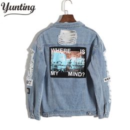 Vintage Fashion Wash Water Distrresse Denim Veste Broderie Lettre Lâche Dos Applique BF Denim Manteau Trou Survêtement Femme LJ200813