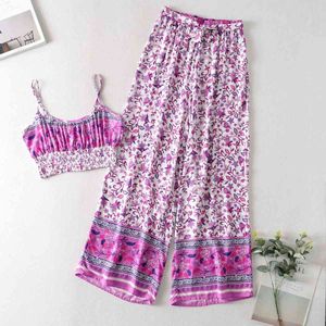 Vintage Mode Word Collar Vrouwen Camisole Bloem Print Dun Elastische Hoog getailleerd Wide-Leg-Pants Chic Female Suit 210507