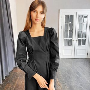 Vintage fasion zwarte vrouwen jurk hoge taille slanke vierkante hals lange mouw casual solide lente zomer elegante vrouwelijke jurk 210422