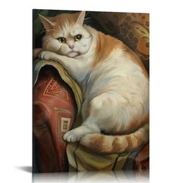 Vintage Fat Cat Canvas Wall Art, schattige kat huilt in bankposter voor kamer -esthetiek, dierenbloemfoto's, grappige renaissance square schilderij prints voor wanddecoratie