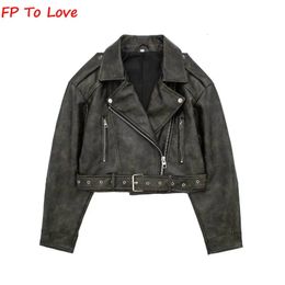 Vintage Faux Cuir Veste Courte Lâche PU Ceinture Manteau Fermeture Éclair Y2K Bouton Rétro Streetwear Blogger Tenue PB ZA Femme 4341826 240125