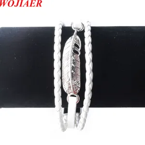 Vintage veerleer Meerlagige armband Men Mode gevlochten Handgemaakte Snap Rope Wrap armbanden Barmels Mannelijk geschenk BC014