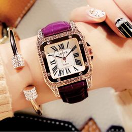 Vintage Watch Fashion Fashion Student Quartz Watches Real Leather Belt Square Diamond Vidia Mineral Glass Womens Wristwatches 2695