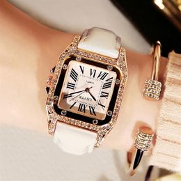 Vintage vrouwelijk horloge strass mode student quartz horloges echt lederen riem vierkante diamant inzet delicate dameshorloges2358