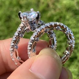 Vintage fijne sieraden paar ringen 925 sterling zilveren ronde gesneden wit topaz cz diamant edelstenen beloven vrouwen bruiloft bruids ring set geschenk