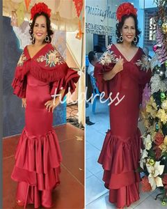 Vintage flamenco avondjurken Mexicaans thema 2024 donkere rode sjaalkap mouw Spaanse prom jurk Tassel v nek zeemeermin formele verlovingsfeestjurken gewaad mariage