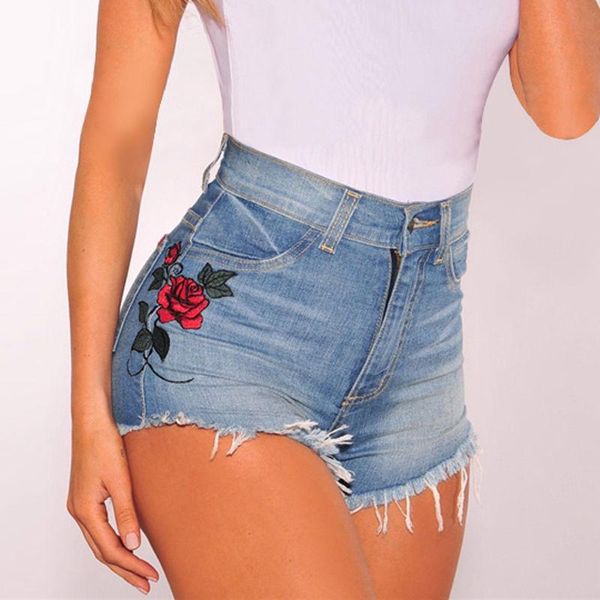 Vintage floral brodé shorts femmes rose fleur broderie short élastique taille haute denim jeans bleu noir court femme