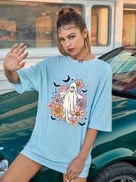 T-shirt surdimensionné Vintage Floral Ghost Halloween, fleurs colorées, vacances, drôle, ample, mode femme, esthétique causale, Top 240329