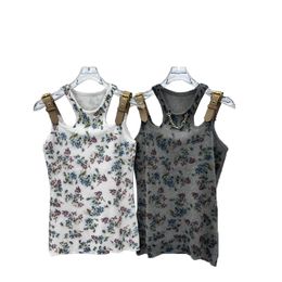 Vintage bloemen gebreide vest Stijlvolle leer van lederen gesp gebreide Vest Designer Tank Top Sexy Slim Fit Tanks