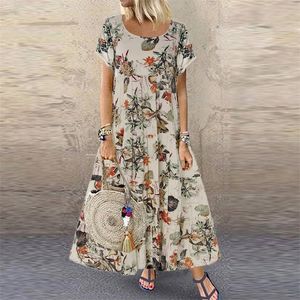 Vintage Floral Long Dres Summer Elegant Casual Cotton Linen Damesjurken Boho Beach Maxi Dress Holiday Party Feest Vestidos 220601