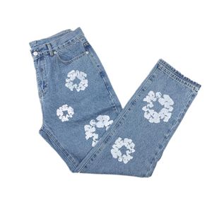 Vintage Floral Pattern Denim Jeans Blue Straight-Leg Non-Stretch Jogger Hommes Streetwear190U