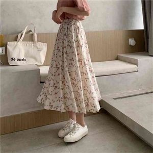 Vintage imprimé floral a-ligne jupes longues plissées été femmes coréen streetwear cordon taille élastique midi 210621