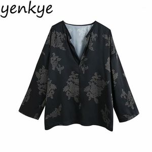 Blusa con estampado floral vintage, camisa para mujer con cuello en V, manga larga, camisas fluidas de gran tamaño para mujer, Tops de otoño, Blusas femeninas de talla grande