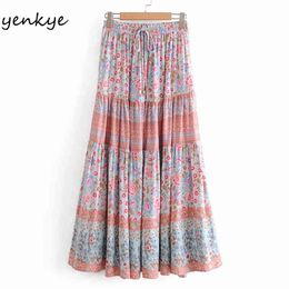 Vintage Floral Print Boho Longue Jupe Femmes Cordon Élastique Taille Haute Big Swing Vacances Été Maxi Saia 210430