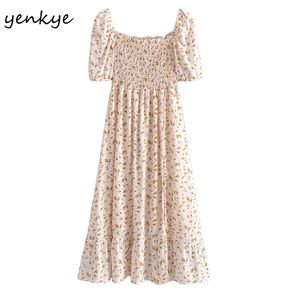 Vintage Floral Print Chiffon Jurk Vrouwen Elegante Vierkante Hals Sexy Slits Vestido Vrouwelijke Zomer Holiday Party Jurken 210514