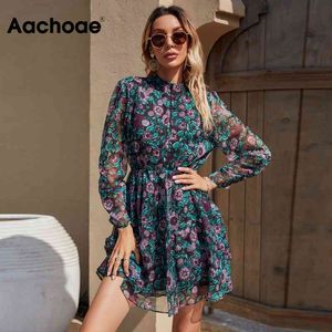 Vintage Floral Imprimer Mousseline Mini Mini Femmes À Manches longues Creuse Soirée Dress Out Couleur Veiller à travers Robes Chic Vestido 210413