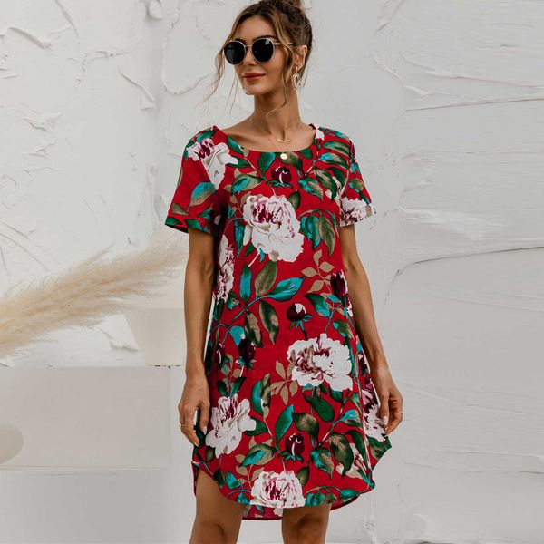 Vestido de lino de algodón con estampado floral de la vendimia Vestido de verano de las mujeres ocasionales O Cuello de manga corta Vestidos rectos sueltos Mini Vestidos Tallas grandes 210526