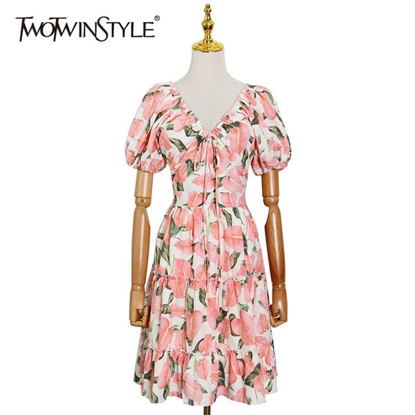 Vestido de estampado floral vintage para mujer con cuello en V manga corta cintura alta vestidos elegantes ropa de moda femenina 210520