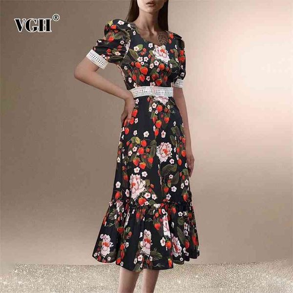 Vestido de estampado floral vintage para mujer con cuello en V manga corta cintura alta elegante color de golpe vestidos midi moda de verano femenina 210531