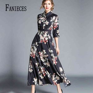 Vintage bloemenprint elegante lange casual jurk vrouwen zomer single-breasted shirt jurken taille swing enkellange vestidos 210520