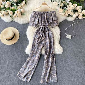 Vintage Floral Print Jumpsuit Vrouwen Zomer Chique Slash Hals Off Shoulder Ruffles Sash Lace-up Wide Leg Romper Strand Overalls 210603