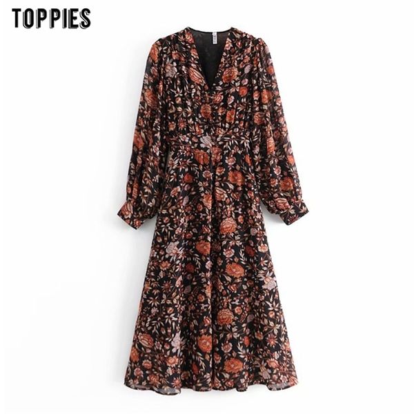 Vintage Floral Print Maxi Dress Femmes Robe Longue Boho Manches Avec Col En V Et Style Sexy 210421