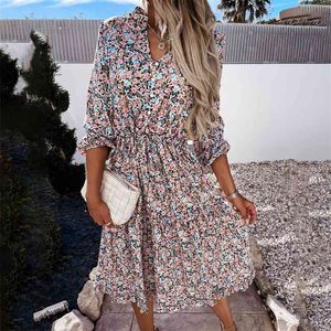 Vintage Floral Print Maxi Jurken voor Dames Zomer Lange Mouw V-hals Ruches Dames Lente Casual Party Jurk Vestidos 210623