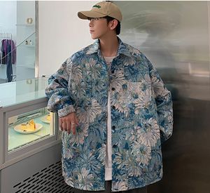 Vestes Vintage à imprimé Floral pour hommes, veste bombardier surdimensionnée Harajuku avec manches longues boutonnées, manteaux coupe-vent de la mode coréenne pour hommes Y2K Streetwear