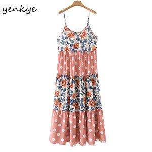 Vintage Floral Print Polka Dot Sexy Sling Dress Dames O Hals Mouwloze A-Lijn Casual Long Holiday Summer Vestido 210430