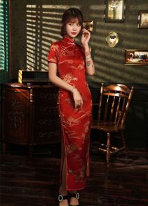 Vestido Cheongsam Qipao de novia rojo con estampado Floral Vintage, vestido de fiesta de estilo chino de manga corta con abertura en la cerradura y cuello mandarín
