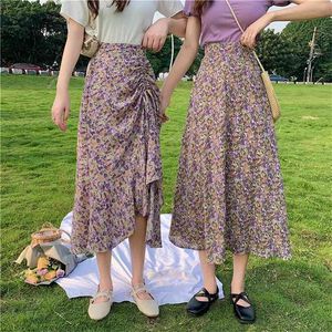 Vintage Floral Print Ruche Geplooide Lange Rokken Zomer Vrouwen Koreaanse Streetwear Drawstring Elastische Taille Midi 210629