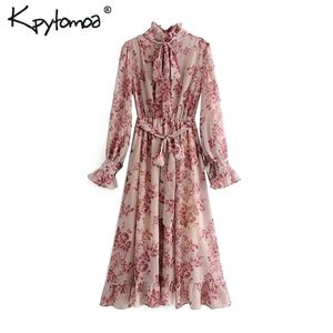 Vintage bloemenprint sjerpen gegolfde geplooide jurk dames mode vlinderdas kraag jurken met lange mouwen casual vestidos mujer t200416