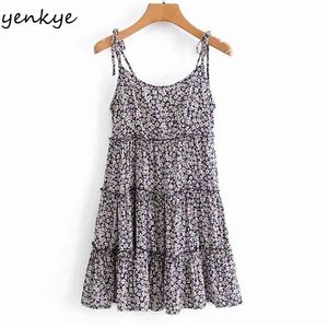 Vintage Floral Print Sling Dress Femmes Sexy O Cou Sans Manches Vacances D'été Plage Femme A-ligne Courte Robe 210514