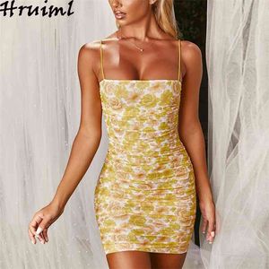 Vintage Floral Print Woman Jurk Spaghetti Strap Mouwloos geplooid Mini Sexy Bodycon Skinny Party Vestido de Mujer 210513