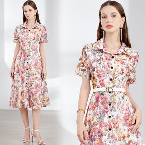 Vintage bloemenprint dames dames midi knie lengte shirt jurken kraag riem knop voorste mouw a-line zomer casual feest vakantie nieuwe aankomst dropshipping