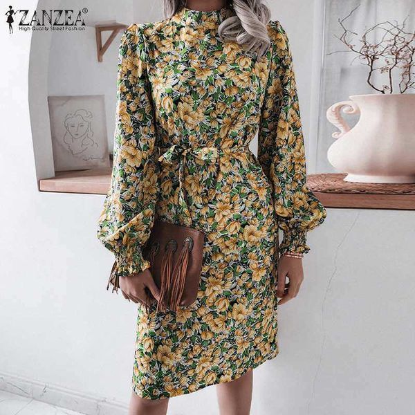 ZANZEA-vestido Vintage con estampado Floral para mujer, vestido elegante de manga larga acampanada con cuello levantado, informal, por debajo de la rodilla, Y1006, 2021