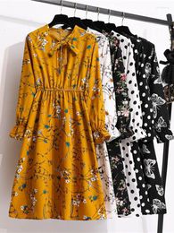 Vintage Bloemen Gedrukt Shirt Vrouwen Lente Herfst Jurk Koreaanse Stijl Lange Mouw Elegante Boog Midi Zomer Vestidos