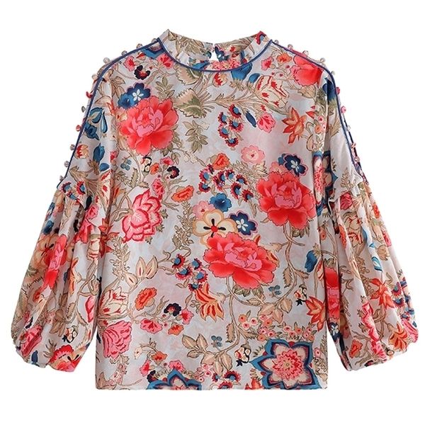 Vintage chemises à fleurs style chinois femmes Blouses 2021 printemps automne en mousseline de soie Blouse à manches longues lanterne hauts Blusas Mujer 210317