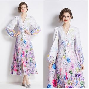 Vintage Bloemen V-hals Feestjurk Gewaden Dames Ontwerper Lange mouwen Elegant Print Pasvorm Vakantie Boho Maxi-jurken 2024 Lente Herfst Zoet Chic Runway Slanke A-lijn Baljurk