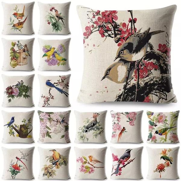Funda de cojín de lino y algodón con flores y pájaros Vintage, funda de almohada para sofá, asiento de sala de estar, decoración del hogar 245Z
