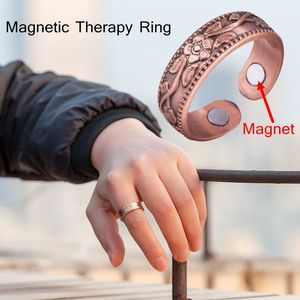Vintage fleur cuivre couleur anneaux magnétique réglable ouvert manchette anneau garder mince soins de santé bijoux anneaux pour femmes hommes arthrite