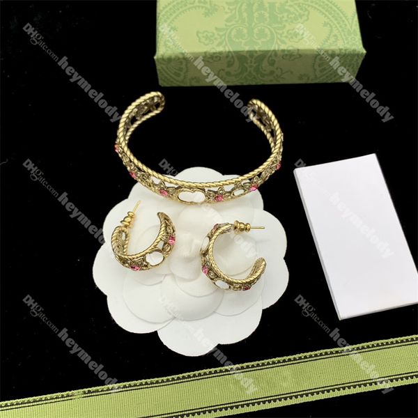 Vintage Fleur Diamant Bracelets Floral Or Hoop Boucles D'oreilles Rose Diamant G Goujons Designer Bijoux Pour Femmes Amoureux Cadeau