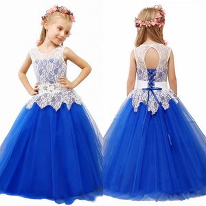 Vintage bloem meisje jurken kinderen formele jurken voor bruiloften een lijn koninklijke blauwe bloemgirl vloer lengte jurk kant top kristallen peplum