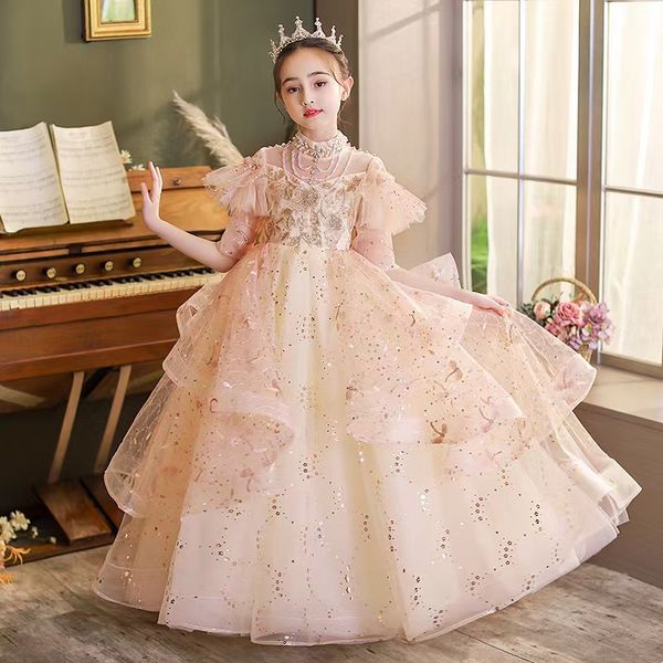 Vintage Flower Girl Robes pour les mariages Soirée Party Lace Rustique Champagne Couleur tutu Crystal pailled