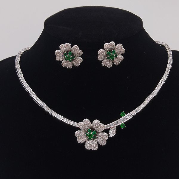 Ensemble de bijoux Vintage en diamant de laboratoire de fleurs, boucles d'oreilles de mariage en or blanc 14K, collier pour femmes, cadeau d'anniversaire de mariée