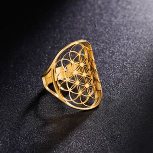 Vintage Flower of Life Seed of Life verstelbare trouwring voor vrouwen Boho Esthetische roestvrijstalen sieraden Bague Femme Anillos